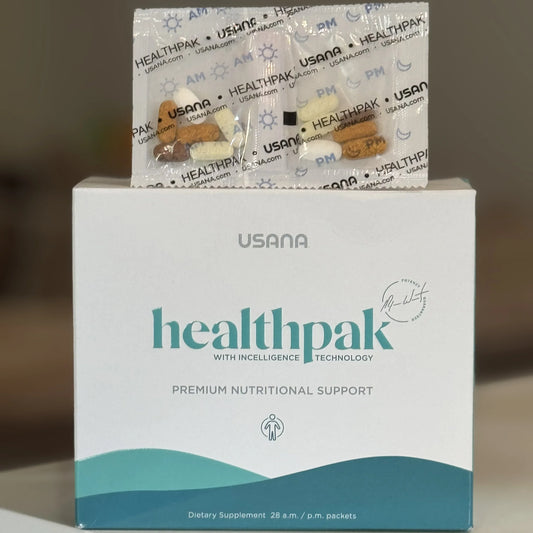 USANA Healthpak packaging with packets on a neutral background