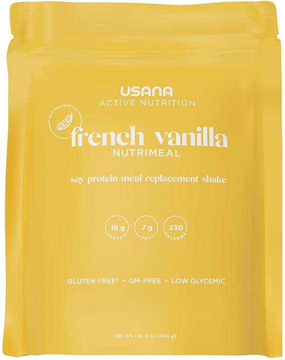 Yellow package of USANA French Vanilla Nutrimeal soy protein meal replacement shake.