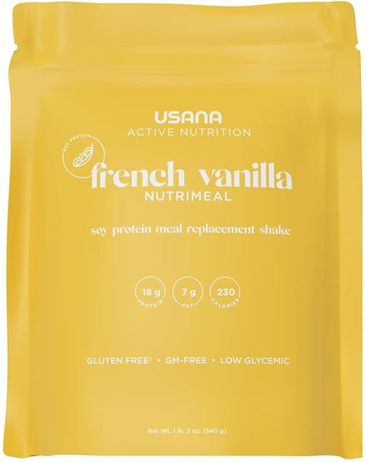 Yellow package of USANA French Vanilla Nutrimeal soy protein meal replacement shake.