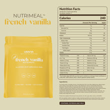 Load image into Gallery viewer, Nutrimeal French Vanilla supplement package with nutrition facts on a beige background