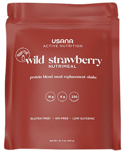 Red package of USANA Wild Strawberry Nutrimal meal replacement shake on a white background