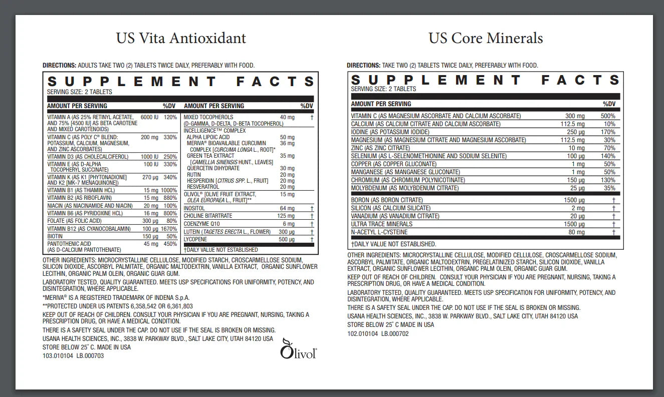 USANA Cellsentials Nutritional Label