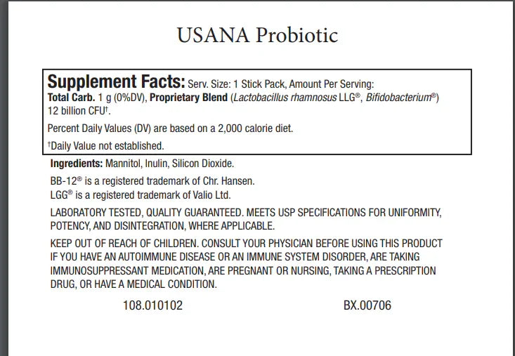 USANA Probiotic Nutritional Label